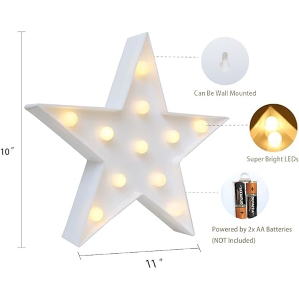 Pentagram-skilt - 27 cm høyt, varmt hvitt LED-lys - Stue,