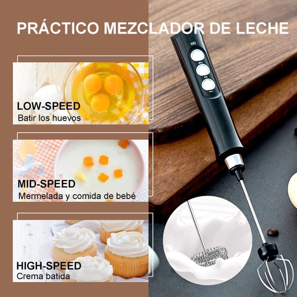 1 sett USB-oppladbart elektrisk melkeskummer, 3 hastigheter justerbar, med 3 rustfrie visper, for latte, cappuccino, varm sjokolade, egg