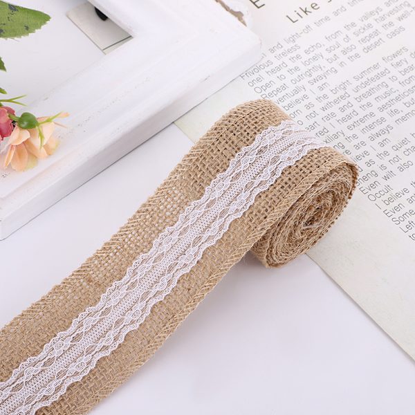 Bandrullar, Naturlig Burlap Krans med Vit Spets, Burlap Jute