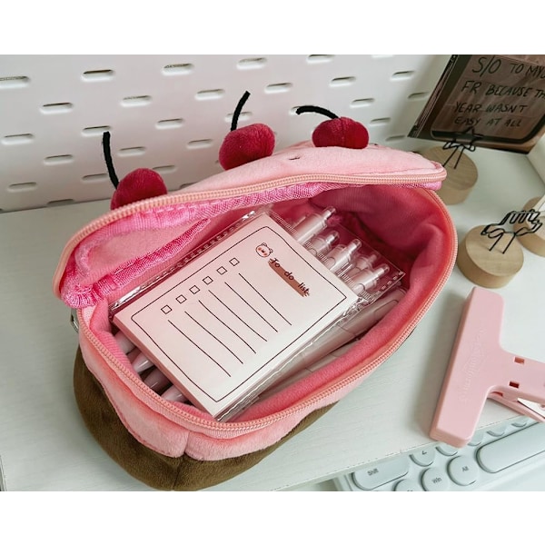 Voksen Fuzzy Pink Cherry Cake Kawaii Stor Kapacitet Y2K Æstetisk Etui Kasseholder Sød Estuche para lapices