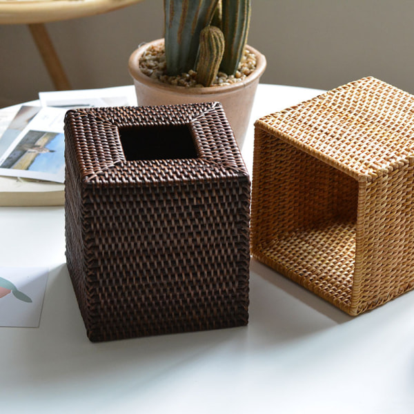 Firkantet Rattan Vevboksdeksel, Håndvevd Vevholder (Brun)