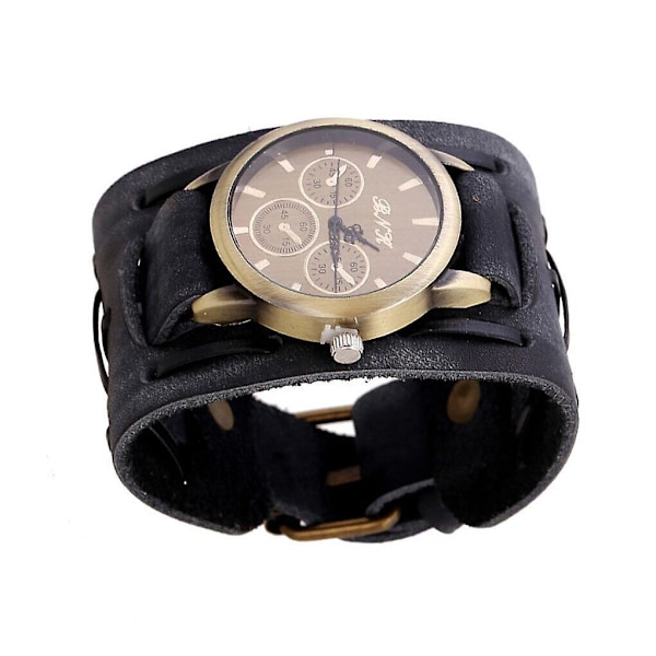 Herr Retro Armband Klocka Band Bred Läder Remanchett Vintage Quartz Armbandsur Svart
