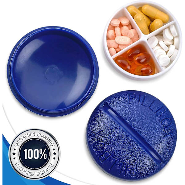 Pyöreä matkapillerirasia - Mini kannettava ja kompakti 4-lokeroinen lääkeaski pillereille ja vitamiineille, BPA-vapaa