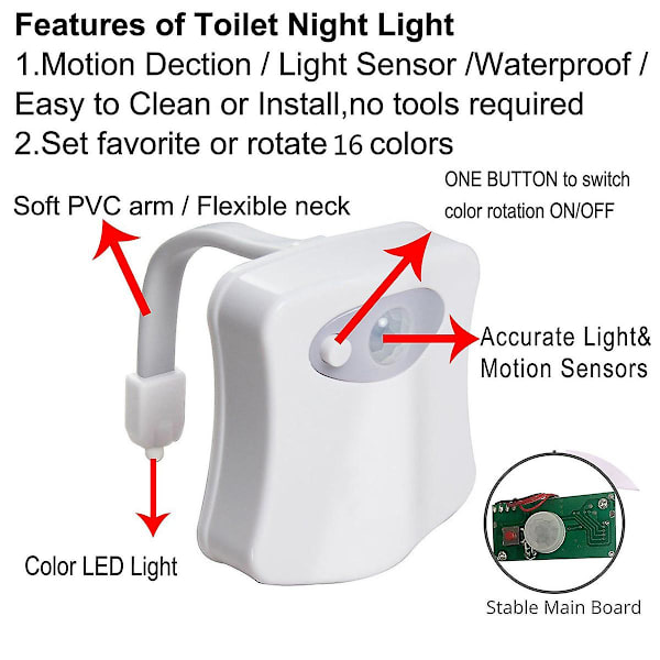 16 Farver LED Toilet Natlys, Bevægelsessensor Lysdetektion