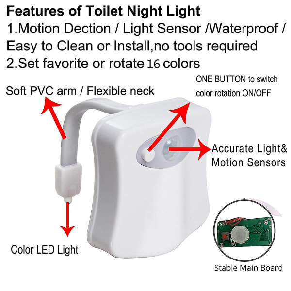 2 stk. 16 Farver LED Toilet Natlys, Bevægelsessensorlys
