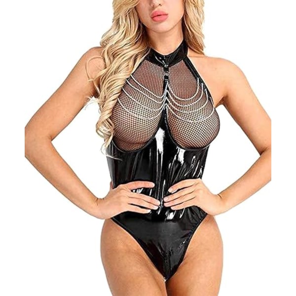 1 piece（Black）Women Patent Leather Fishnet Bust Zipper Bodysuit