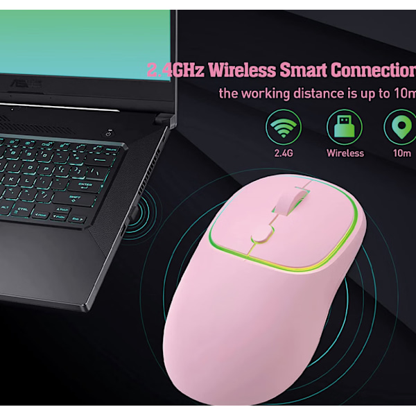 Genopladelig Trådløs Mus, Lydløs Computermus (Pink), 2.4G St
