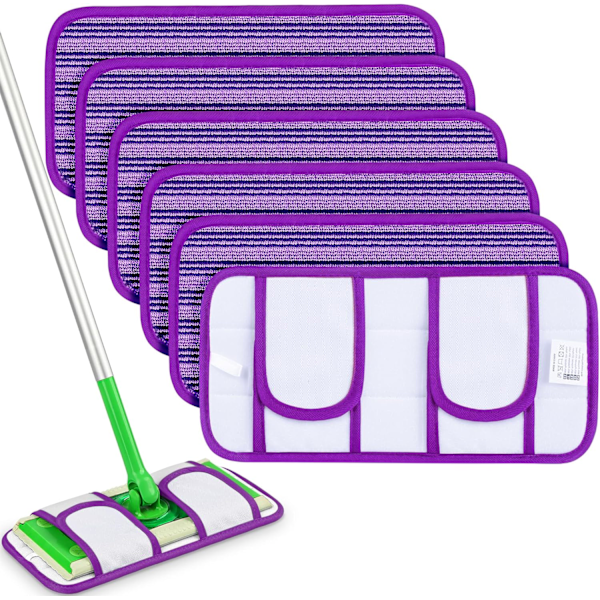 Uudelleenkäytettävät moppipäälliset yhteensopivat Swiffer Sweeper -moppien kanssa (6 kpl) - 12 tuuman pestävät mikrokuitu kosteat tyynyt, violetti