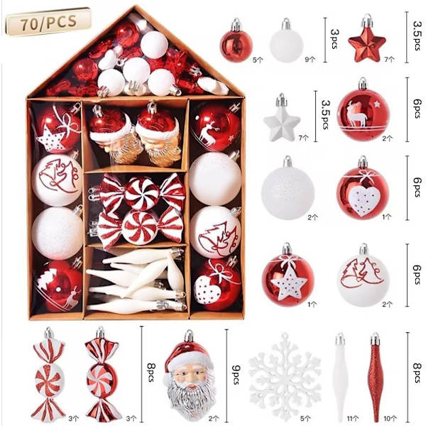 Set med 70 julekuler, juletrepynt, plastballer, hengende julepynt, dekorasjoner
