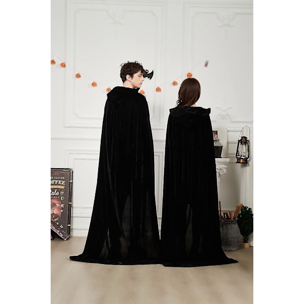 170cm Sort Hætte Kappe Lang Fløjl Kostume Halloween Karneval Jul Udklædning Voksen Mænd Kvinder