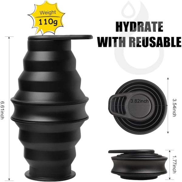 Hopfällbara Vattenflaskor 500 ml BPA-fria Läcksäkra Vikbara Silikonflaskor, Svart