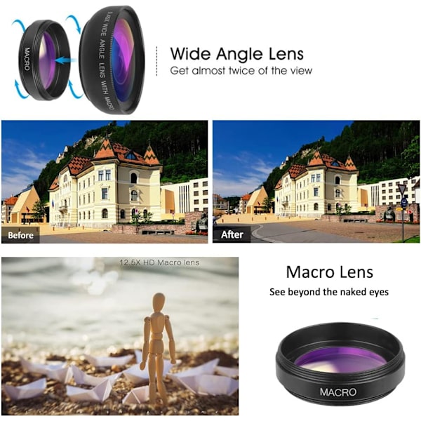 Mobilkameraobjektiv 2 i 1 Clip-on-linskit 37mm 0.45X 49UV Supervidvinkel & Makro Telefonkameraobjektiv för iPhone