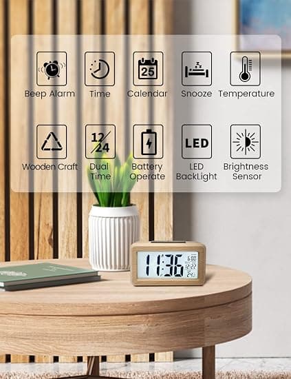 Digital väckarklocka, träklocka för sängbordet med stor bakgrundsbelyst LCD