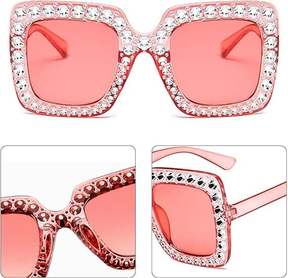 2-delt overdimensionerede solbriller med rhinestones, overdimensionerede firkantede