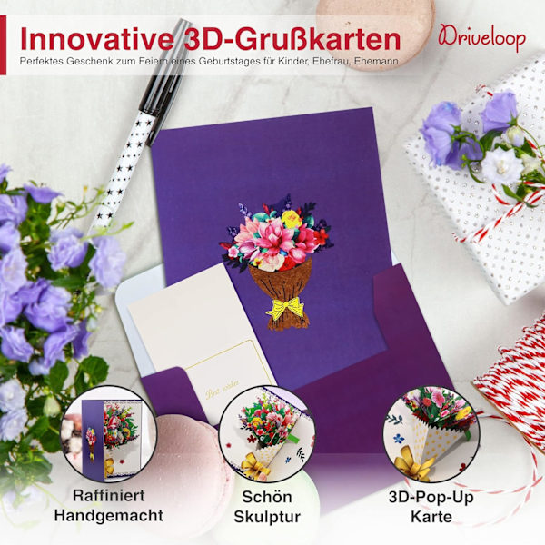 1 stk Håndlaget Nellikbukett 3D Pop Up Bursdagskort med