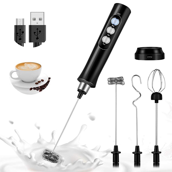 1 sett USB-oppladbart elektrisk melkeskummer, 3 hastigheter justerbar, med 3 rustfrie visper, for latte, cappuccino, varm sjokolade, egg