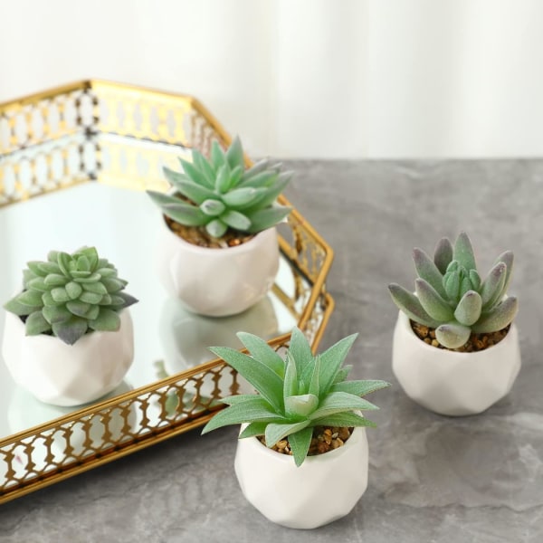 Mini kunstige sukkulenter i potter, sett med 4 - Dekorative kunstige planter