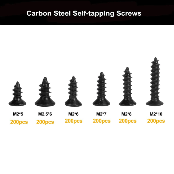 1200st Svarta självgängande skruvar Små träskruvar M2 skruvsats