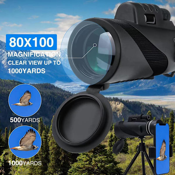 Bærbar 80x100 Super High Power Hd Night Vision Monokulær Teleskop Stativ Klip Monokulær Teleskop, 100% Ny Sort