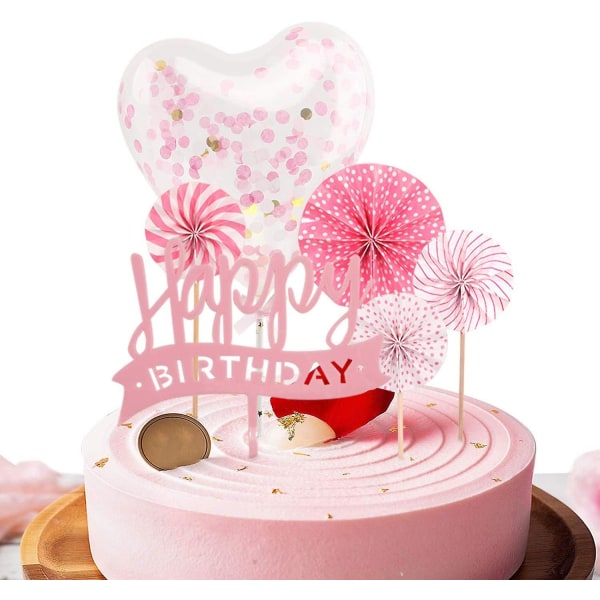 6 Pieces Happy Birthday Cake Topper Girl Birthday Decorations Happy Birthday Cake Topper Decoration Balloon Cake Decor (Pink)