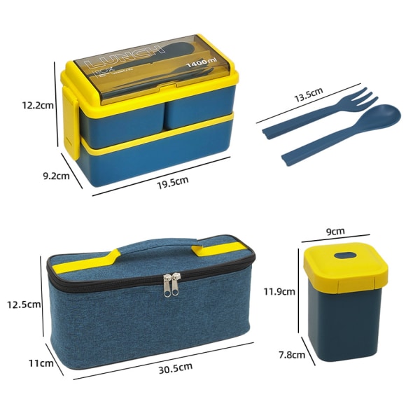 1400 ml Lunchbox med 3 fack (pulver) - 2-lagers Bentobox
