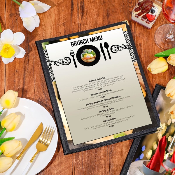 A4-størrelse papir gennemsigtig restaurant menu cover holder med kunstlæder trim og metal hjørner