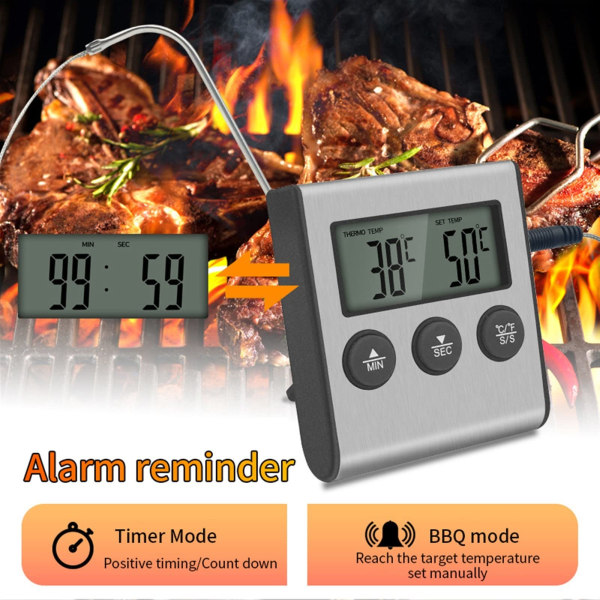 Digitalt kogetermometer med timer og sonde til ovn, grill og madtemperaturmåling