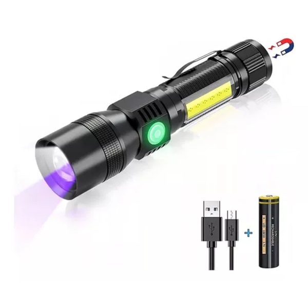 USB-uppladdbar ficklampa, 7 ljuslägen, starkt ljus, rött ljus, UV-vattentät funktion