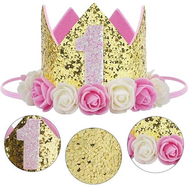 Baby bursdagskrone, prinsessekroner tiara jentefestlue med gullglitter og rosa roser for bursdagsfestdekorasjoner