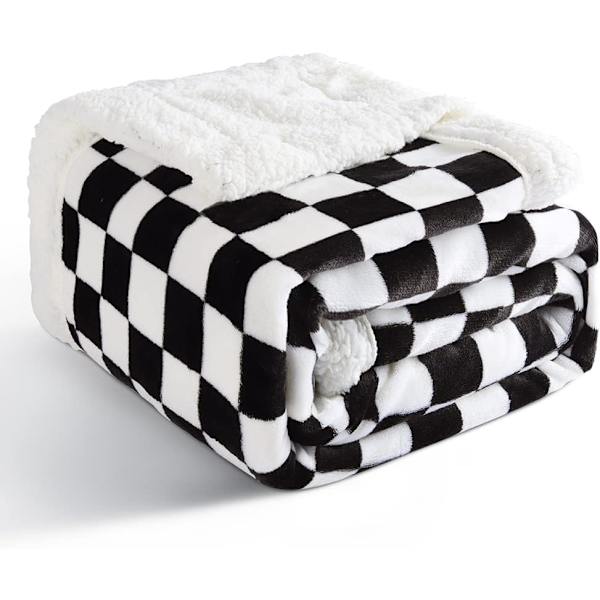 Rutete Fleece-teppe Fluffy Flanell Svart og Hvit Varm og