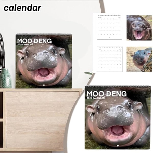 2025 Moo Deng Kalender, 2025 Moo Deng Dvergflodhest Hengende Månedlig Veggkalender, Moo Deng Fan Flodhest Veggkalender