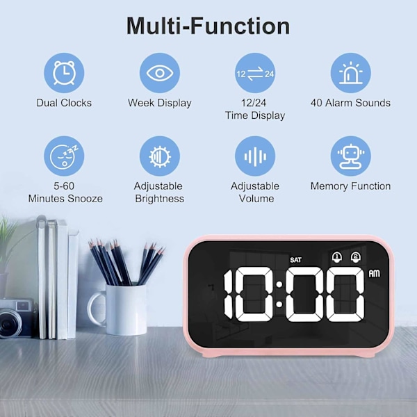 Väckarklocka, digital klocka med tupplurtimer, snooze, USB-driven klocka med dubbla alarm för sovrum, sängbord, kontor (rosa)