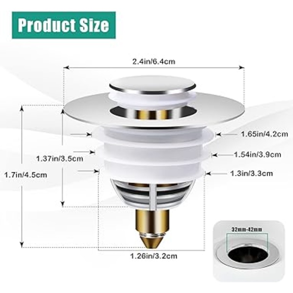 Universal Avloppsplugg, (Avloppsöppning 32-42mm) Pop-Up Avloppspropp