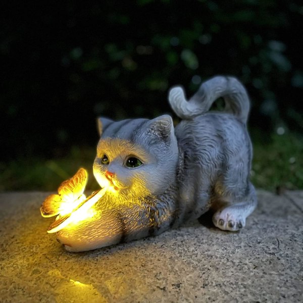 Dekorativ kattfigur för trädgård, layout söt katt fjäril harts prydnader solcellslampor