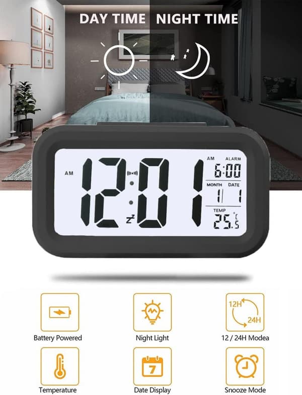 Tyst LCD-väckarklocka med ljus, datum, kalender,