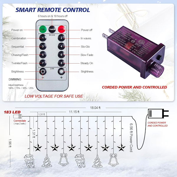 Julepynt, Julevindulys, 138 LED Multicolor Lyslenke Fjernkontroll 8 Blinkende Moduser Ledningsdrevet