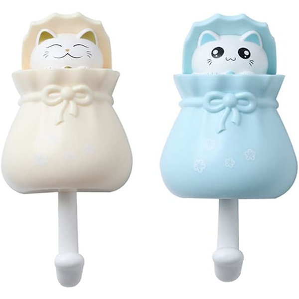 2 stk (Lykkekat) Selvklæbende vægkroge (Blå og Gul),