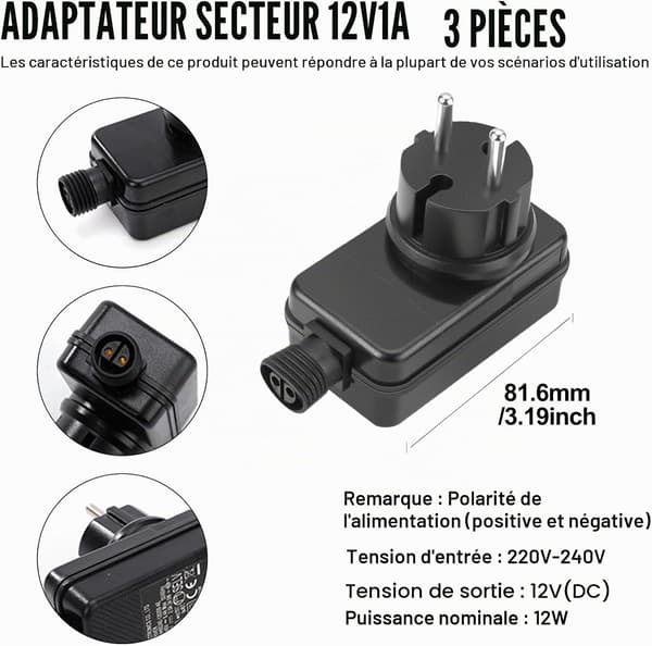 3-pakning 12V 1A LED-strømadaptere - LED-adapter for hagebelysning - 12V 1A LED-adapter - IP44 vanntett EU-støpsel