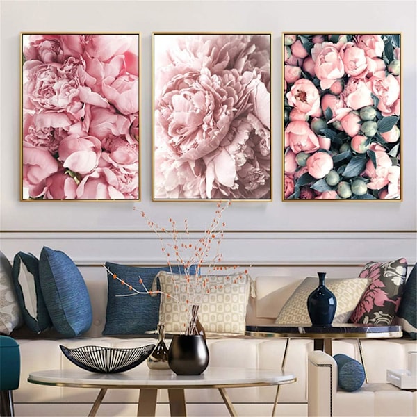 Affischset med 3 väggbilder 3 delar canvasbild blommor pion affischset väggkonst utan ram konst affisch för vardagsrum (stil D, 30 x 40 cm)