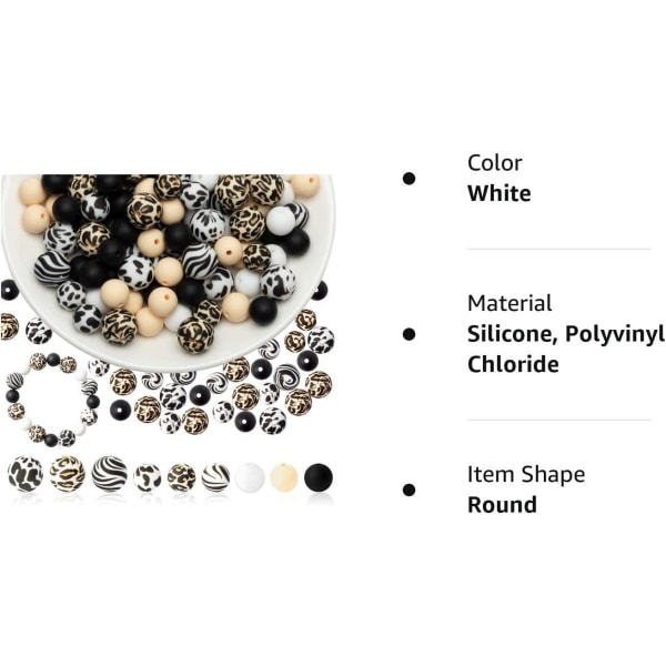 121 silikonperler svart og hvit leopardprint perler vann