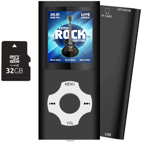 Musta 32GB MP3-soitin, kannettava HiFi Lossless Music Player, FM