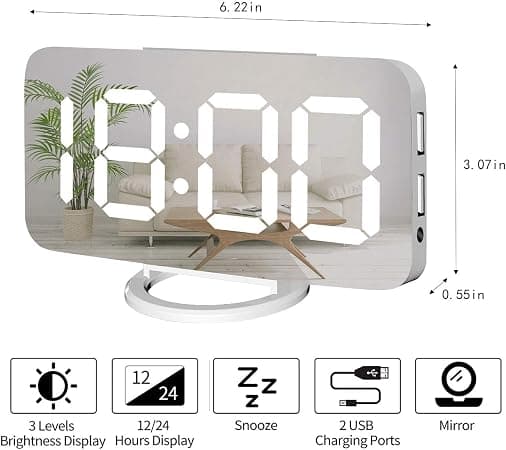 (Vit) Digital väckarklocka, stor spegel LED-klocka, snooze, dimbar