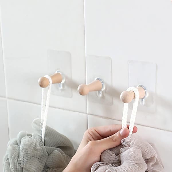 4-pack träkrokar, självhäftande väggkrokar, trä