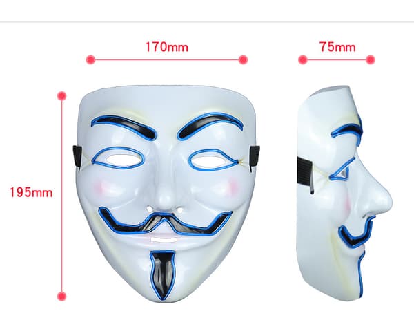 En blå lysmaske, lysende maske, hvit V for vendetta Halloween