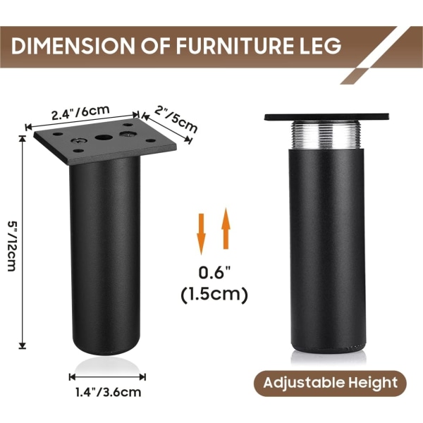 4 stk. (Sort, 12 cm) Justerbare Møbelben Metal Sofa fødder