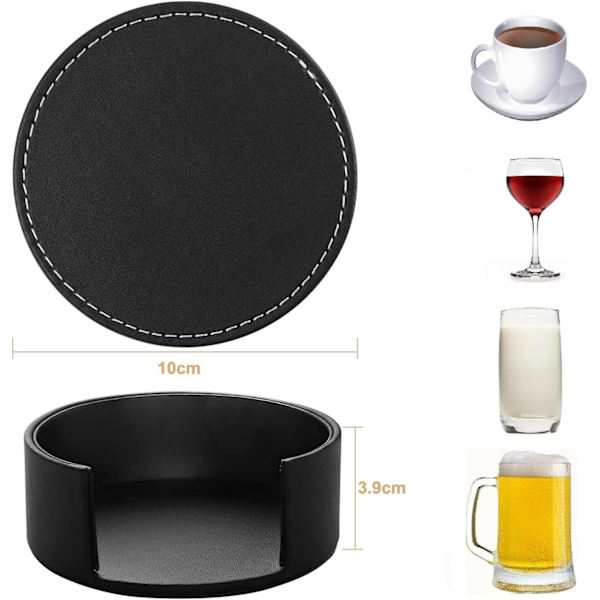 Set med 6 Runda Falska Läderunderlägg med Stativ, Svart