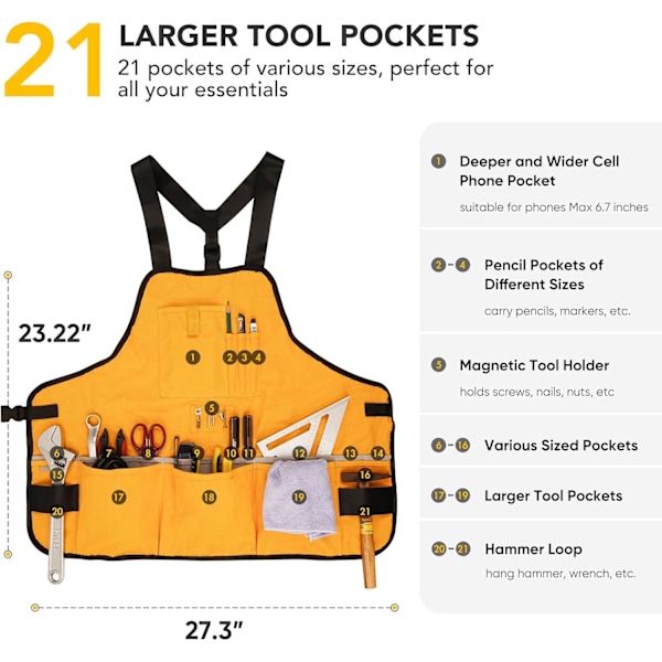 Arbetsförkläde för män och kvinnor, torso längd med 21 verktygsfickor