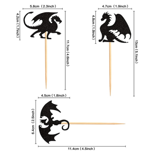 24 stk. 3 stk. flyvende drage kageindsatser sort dinosaur glitter