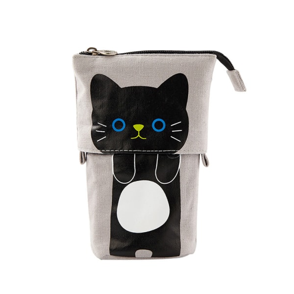 Gray Durable Canvas Retractable Pencil Case with Cute Cat