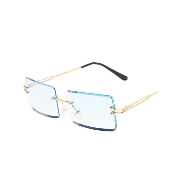Rektangulära båglösa ljusblå solglasögon med guldram, retro